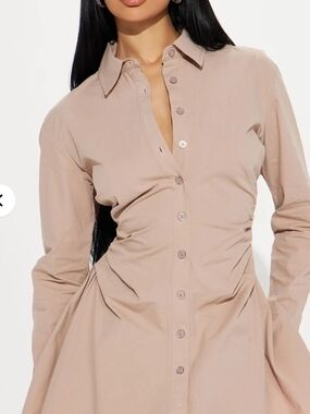 Fashion Nova Button-Front Shirt Dress in Blush Taupe